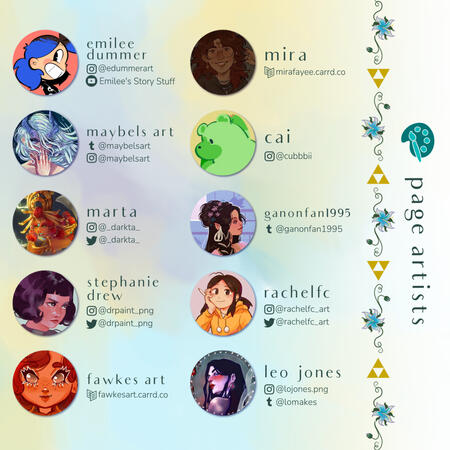 The second page of the contributor list of page artists: emilee dummer, maybels art, marta, stephanie drew, fawkes art, mira (mirafeyee), cai, ganonfan1995, rachelfc, and leo jones.