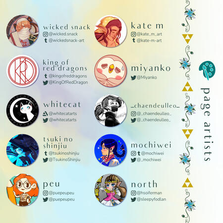 The first page of the contributor list of page artists: wicked snack, king of red dragons, whitecat, tsuki no shinjiu, peu, kate m, miyanko, _chaendeulleo_, mochiwei, and north.