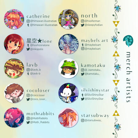 The contributor list of merch artists: catherine, 星空★lone, lavb, cocoloser, mothrabbits, north, maybels art, kamotaku, silvishinystar, and starsubway.