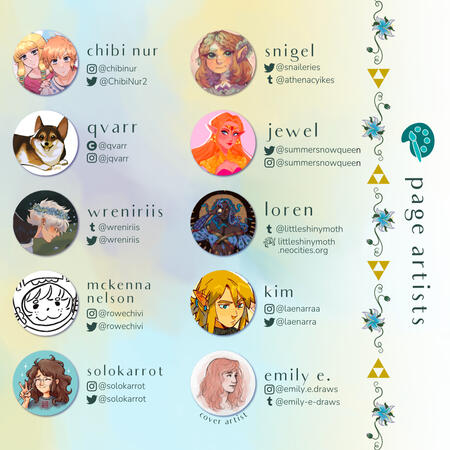The third page of the contributor list of page artists: chibi nur, qvarr, wreniriis, mckenna nelson, fawkes art, solokarrot, cai, snigel, jewel, loren, kim, and emily e (cover artist).