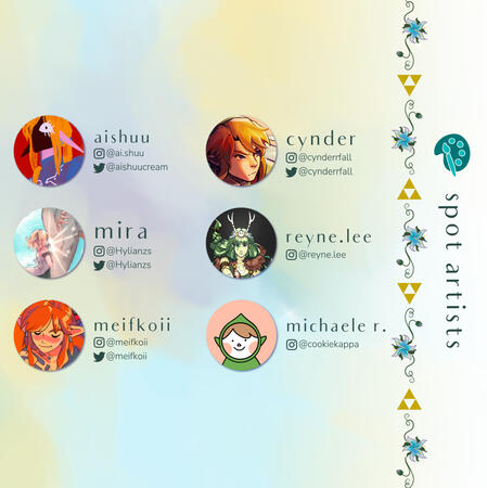 The contributor list of spot artist: aishuu, mira (hylianzs), meifkoii, cynder, reyne.lee, and michaele r.